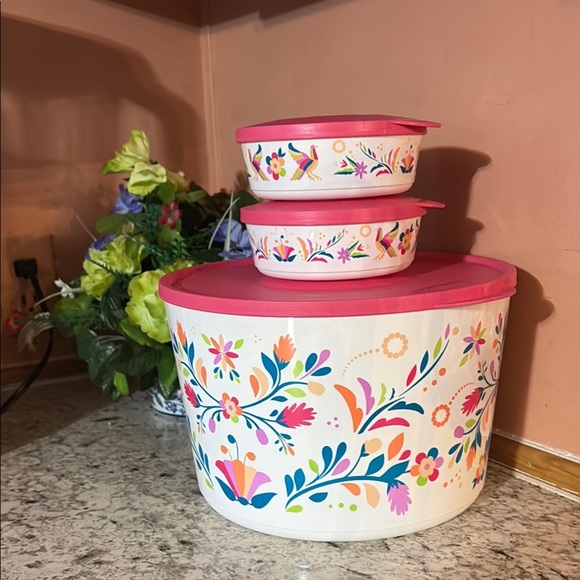 Floral Storage Container Set with Pink Lids - Picture 1 of 6